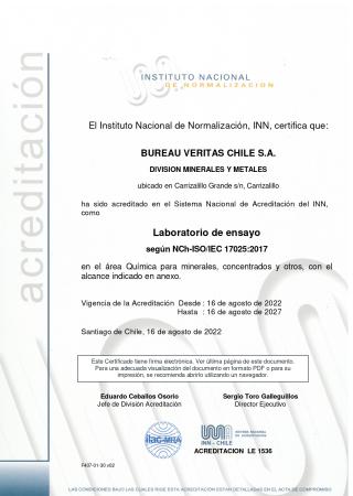 Acreditación de Laboratorio de Ensayo (LE 1536) Laboratorio Bureau Veritas Carrizalillo (Faena Caserones)